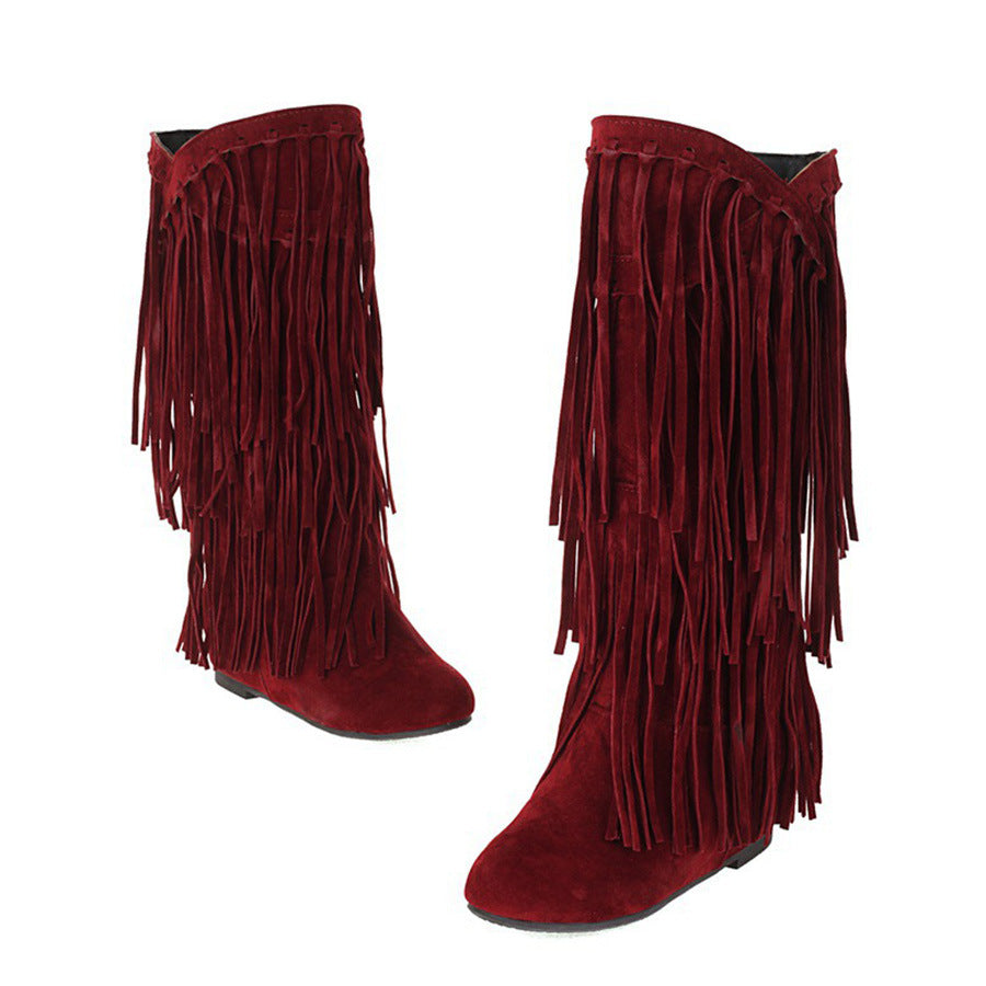 Women's Tassel Round Toe Invisible Elevated High Leg Long Women's Leather Boots