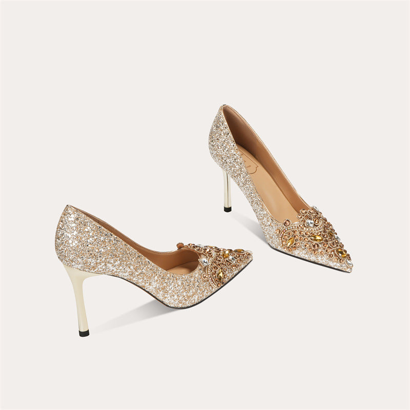 Women's Wedding Banquet Bridal Dress Metal Pointed Crystal Sheepskin Women's Fashion Shoes