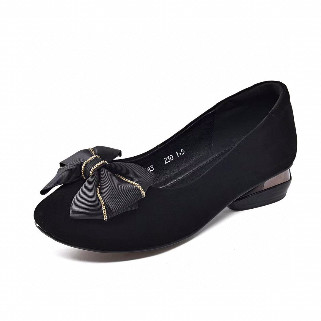 Women's Round Toe Bow Two Heights Shallow Mouth Black Single-layered Loafers