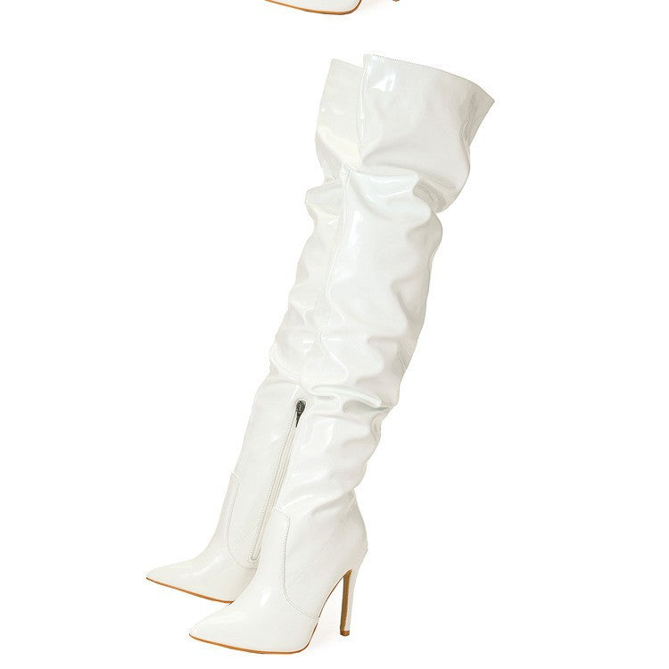 Women's Plus Size Catwalk Show Patent Slimming Pointed Stiletto Women's Leather Boots