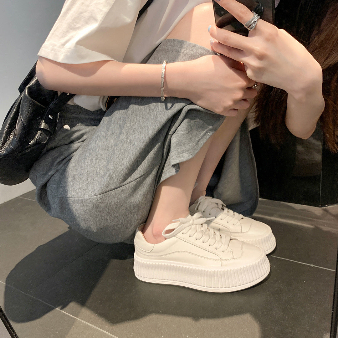 Women's Shape Round Head Thick Bottom Height Increasing Cowhide Leisure Platform Women's Casual Shoes