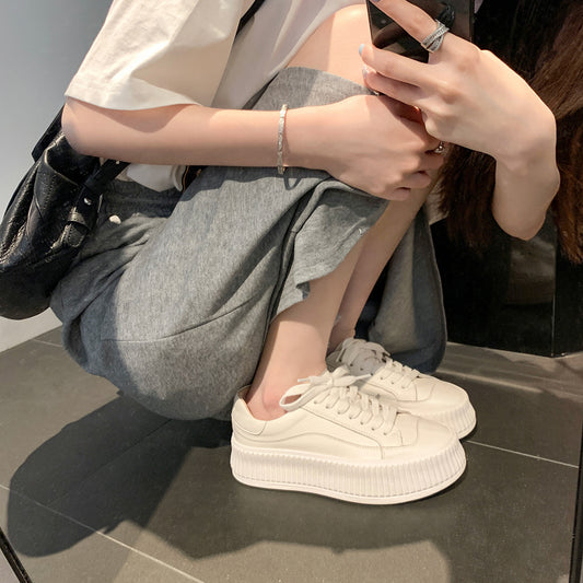 Women's Shape Round Head Thick Bottom Height Increasing Cowhide Leisure Platform Women's Casual Shoes