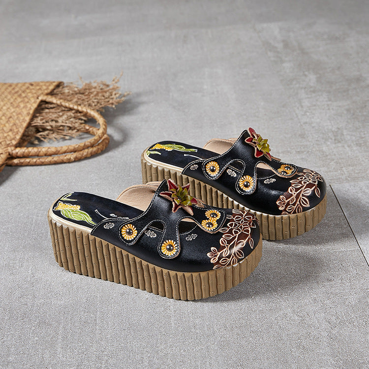 Women's Summer Flower Genuine Ethnic Style Height Increasing Sandals