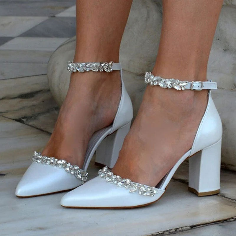 Women's Pointed Chunky Rhinestone Temperament Closed Toe Strap Shallow High Heeled Sandals