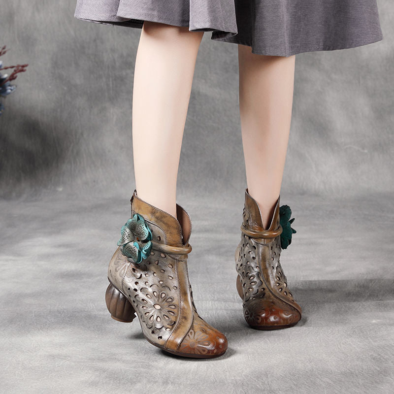 Women's Authentic Hollow Out Roman Comfortable Round Toe Cowhide High Heeled Sandals