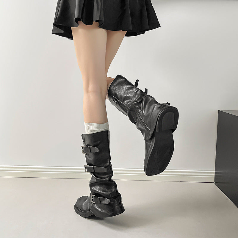 Elevated Thick-soled Belt Buckle Pantyhose Middle Chunky Women's Leather Boots