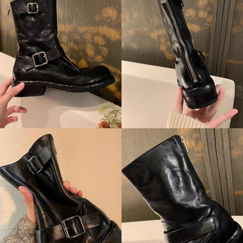 Buckle Design Horse Round Head Small Chunky Increased Look Straight Women's Leather Boots