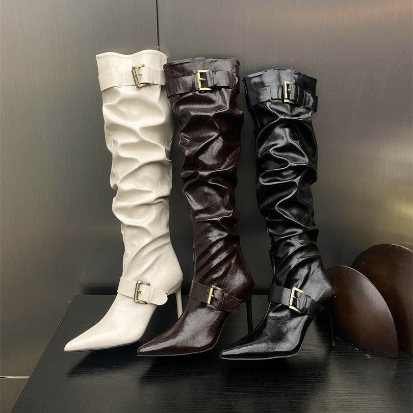 Women's Hot Style Pointed White Pile High Long Autumn Belt Buckle Women's Leather Boots