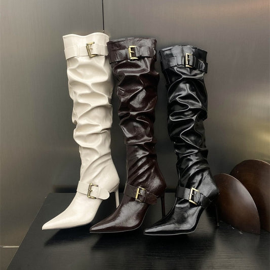 Women's Hot Style Pointed White Pile High Long Autumn Belt Buckle Women's Leather Boots