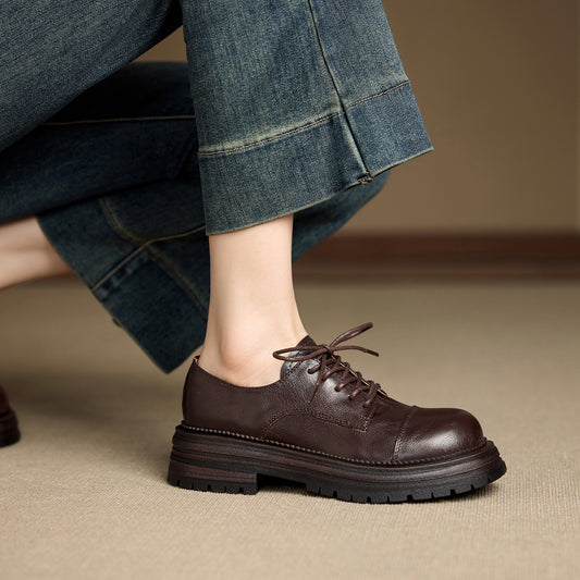 Women's Platform Round Head British Style Retro Lace Up Chunky Single-layer Loafers