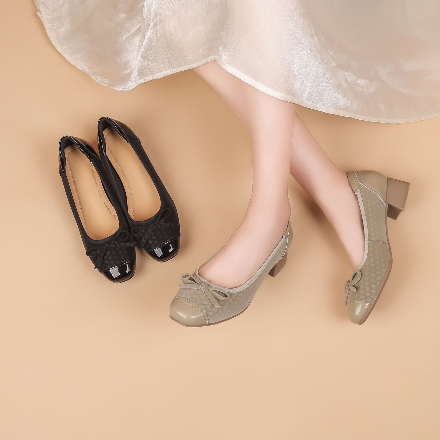 Women's Classic Style Low Elegant Square Toe Bow Shallow Mouth Mary Women's Fashion Shoes