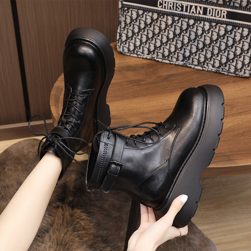 Women's Martin Chunky Ankle Vintage Buckle Fleece Lined Round Women's Leather Boots