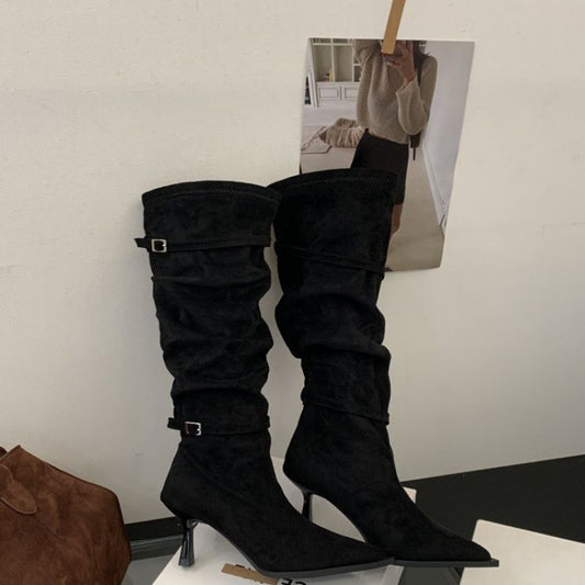Pile Style Knight Pleated Retro Thin Black Women's Leather Boots