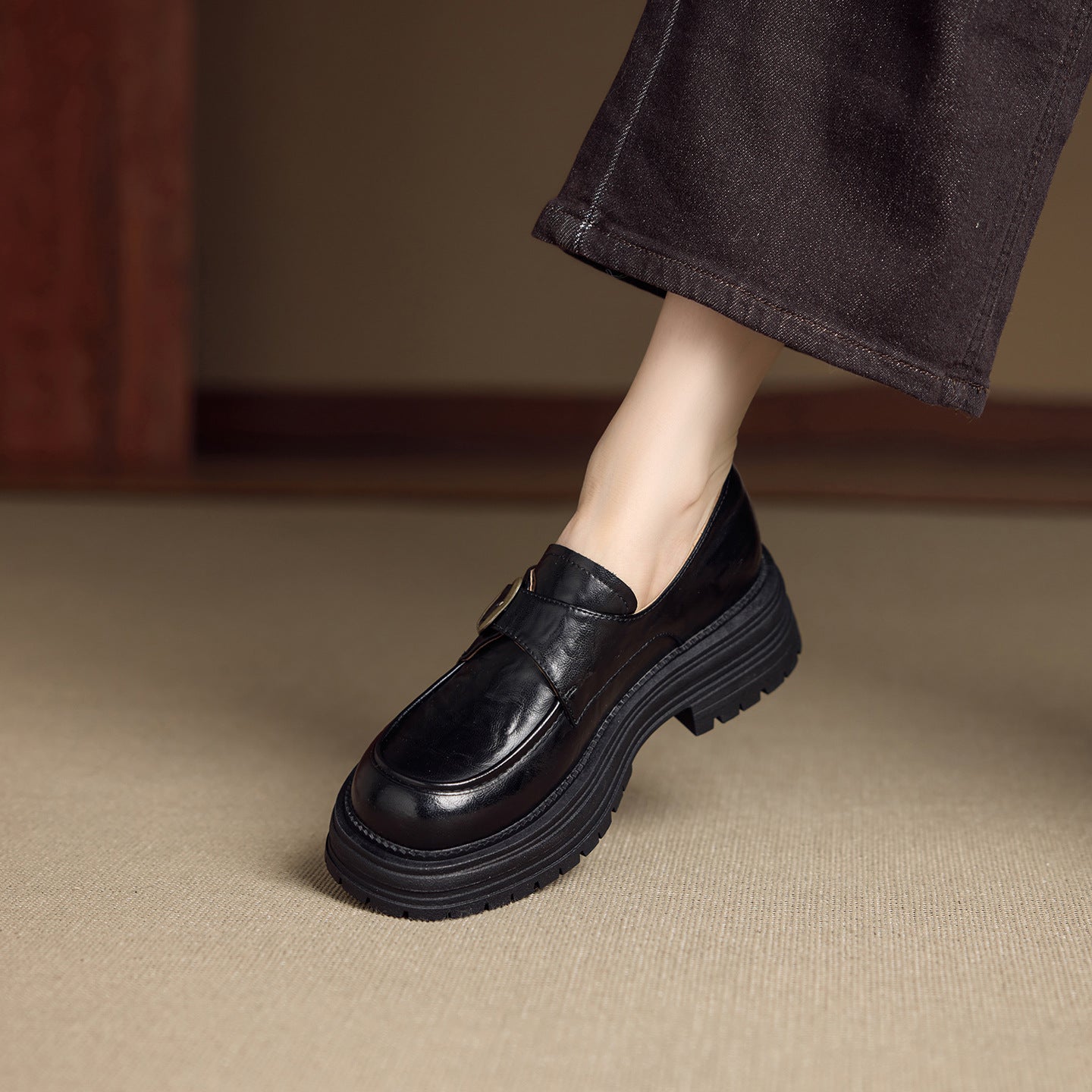 Buckle Thick-soled British Style Vintage Black One Pedal Single-layer Cowhide Leather Shoes