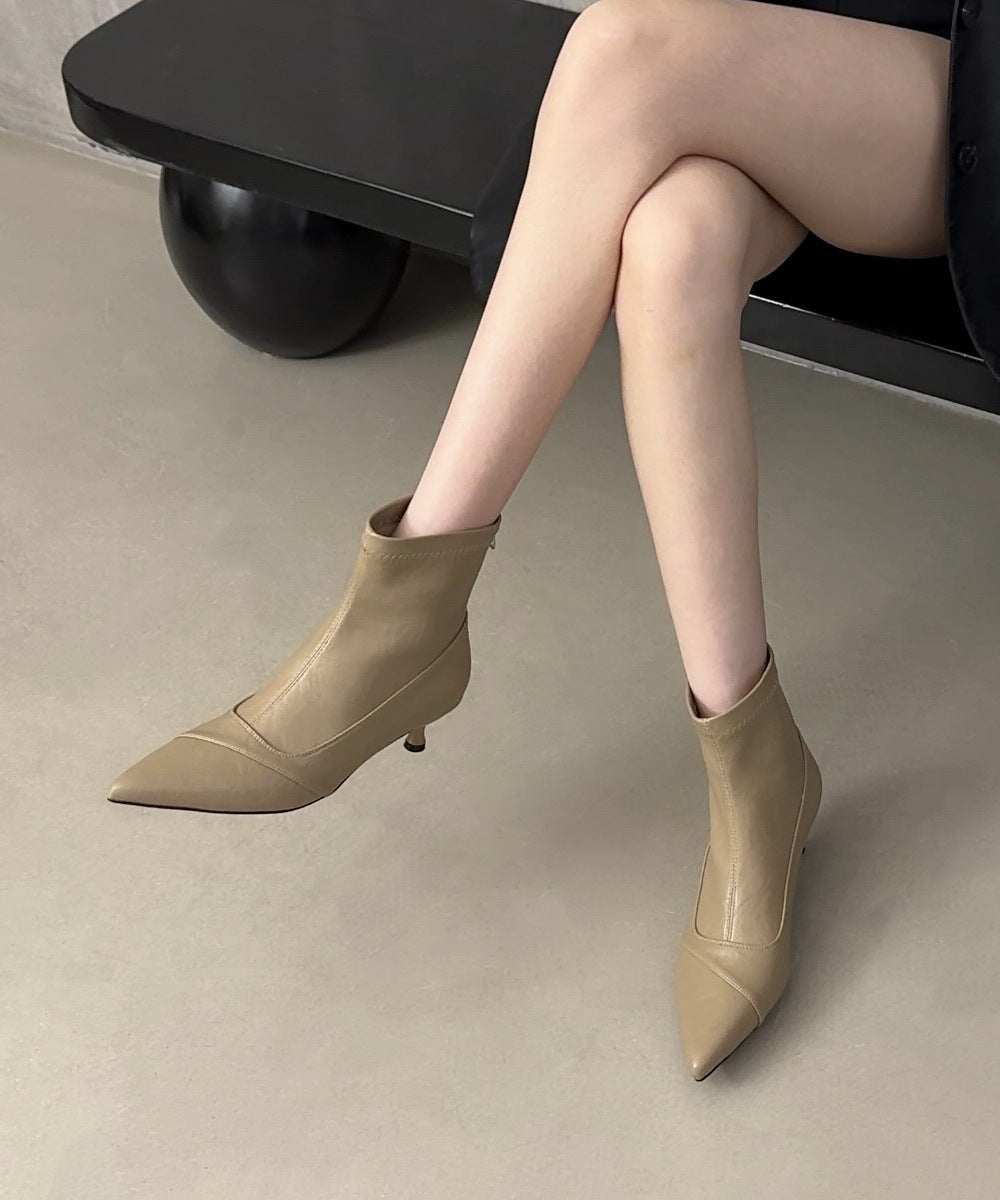 Women's High Back Zipper Stitching Short For French Style Design Stiletto Women's Leather Boots