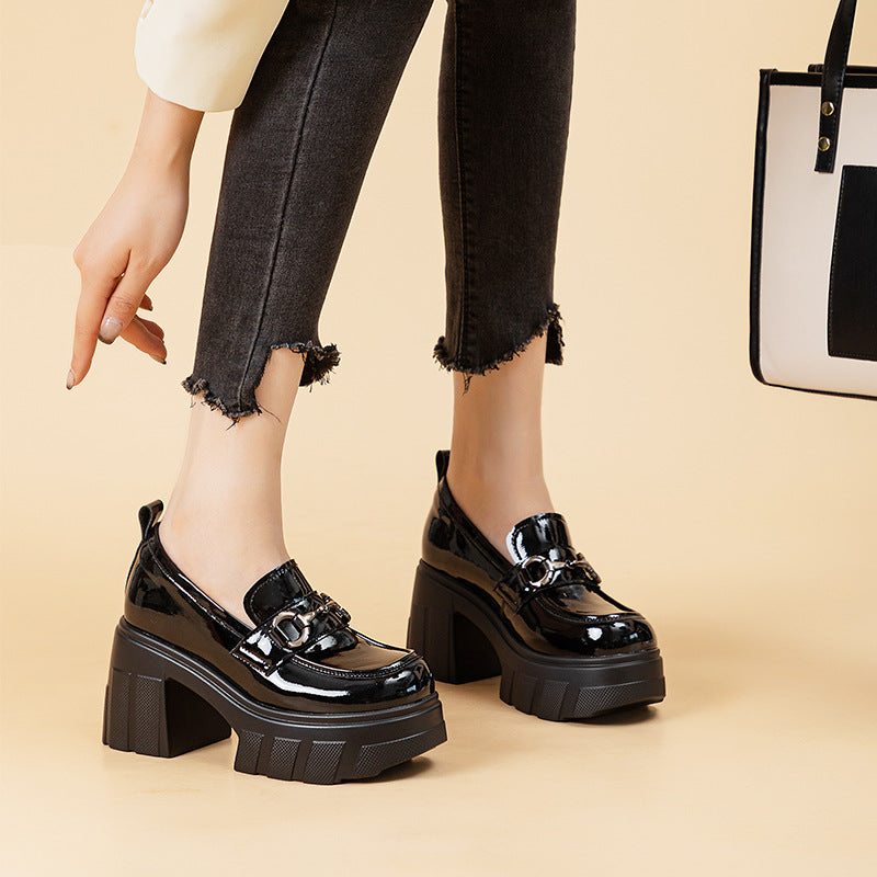 Women's Black Autumn Chunky Commuter Platform Height Increasing Loafers