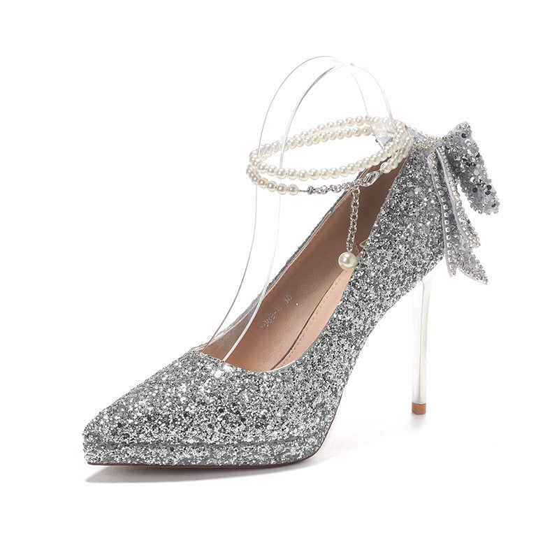 Women's Crystal Sequined Adult Ceremony Pearl Chain Bow Heels