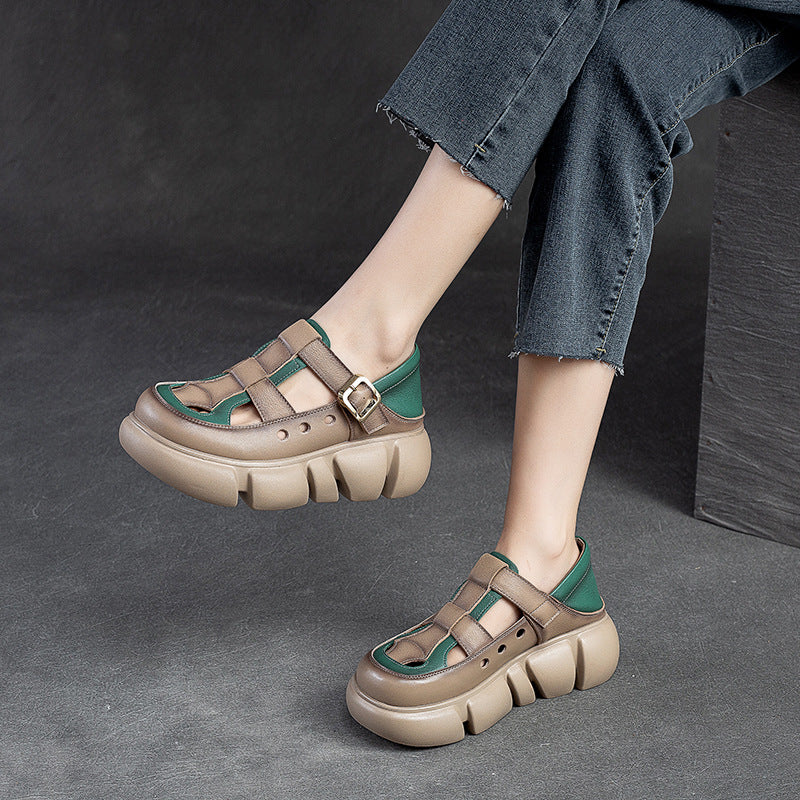 Women's Head Buckle Retro Style Top Layer Platform Sandals