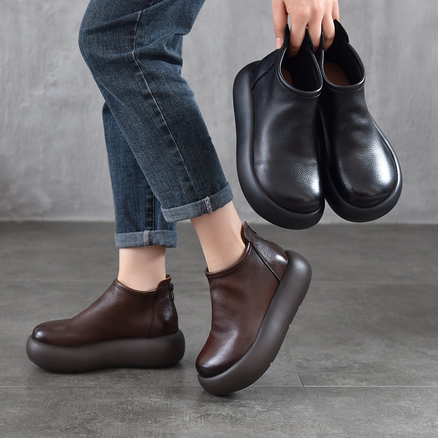 Simple Round Toe Ankle Genuine Platform Women's Leather Boots