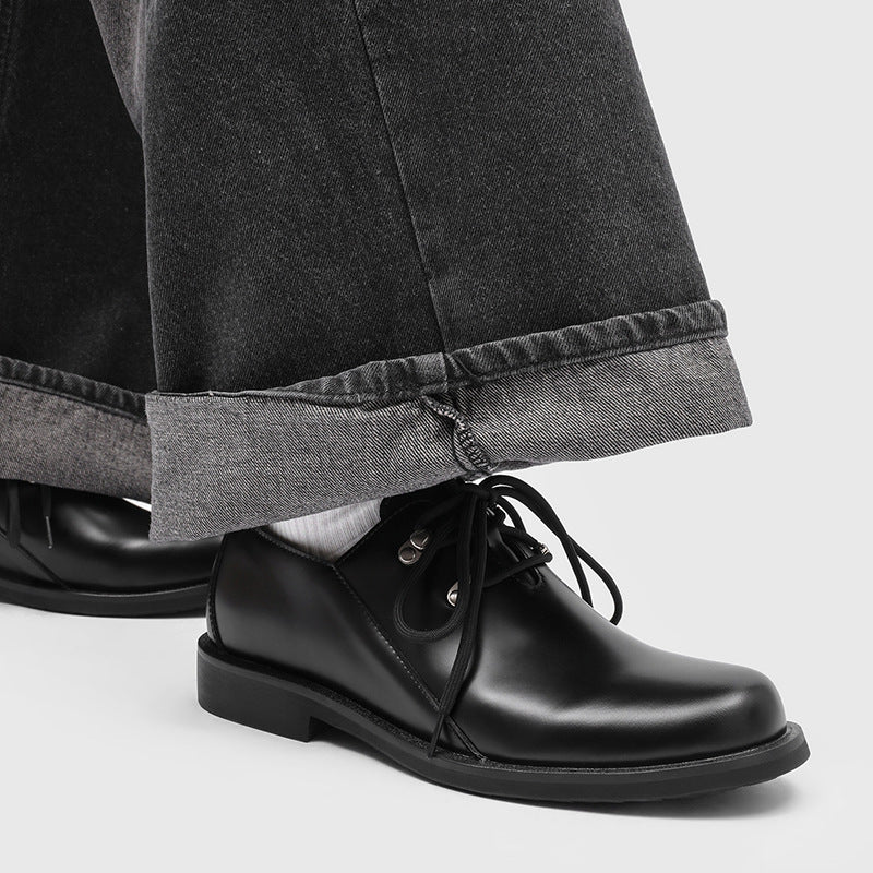 Men's Retro Lace Up Derby Metal Chunky Pumps Clinch Men's Casual Leather Shoes