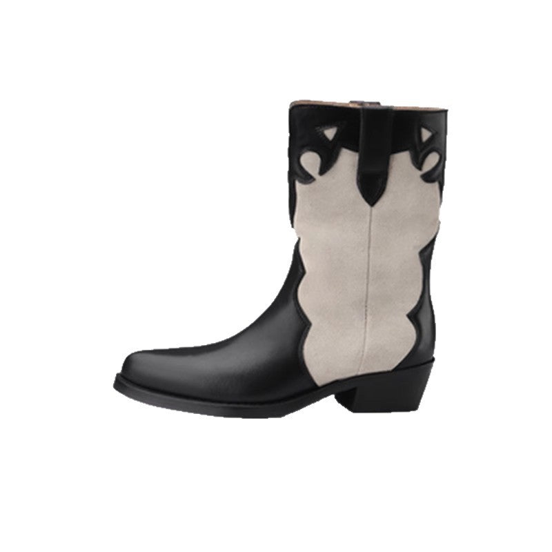 Women's Western Cowboy Retro Ankle Chunky Sleeve Pointed Women's Leather Boots