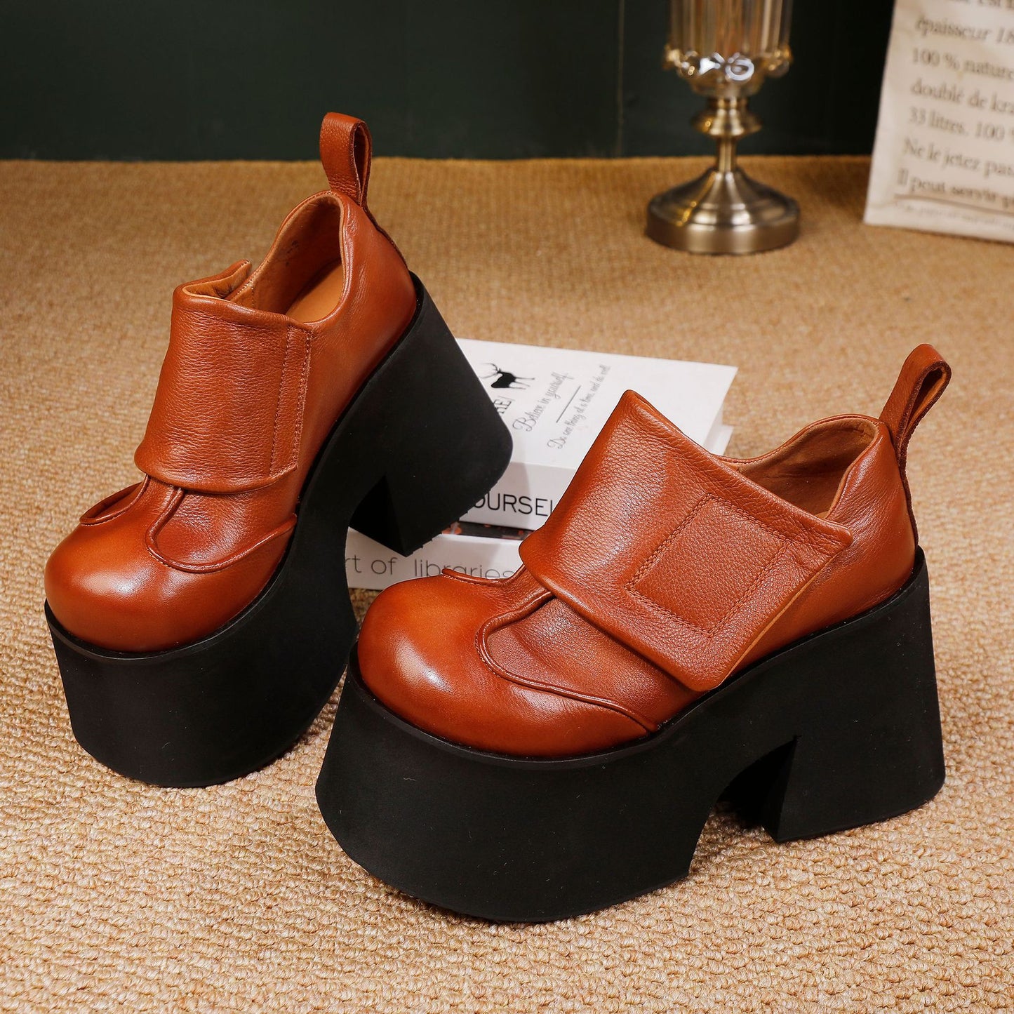 Women's Authentic Platform Pure Cowhide Small Elevator Velcro Deep Women's Fashion Shoes