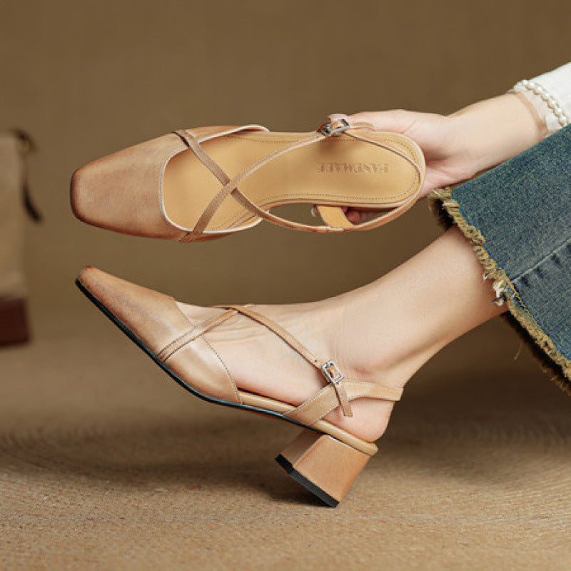 Women's Genuine Retro Closed Toe Summer Wear Beautiful Cross Strap Not High Heeled Sandals