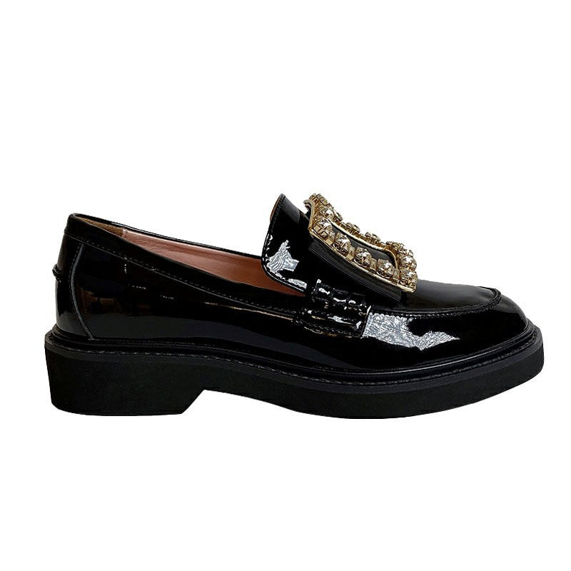 Women's Version Authentic British Style Thick Bottom Flat Square Buckle Rhinestone Loafers