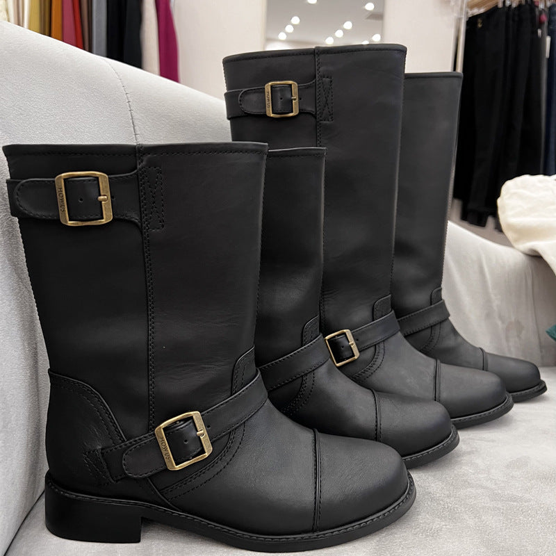 Cowhide Martin Autumn Retro Minority Thick Low Middle Western Women's Leather Boots