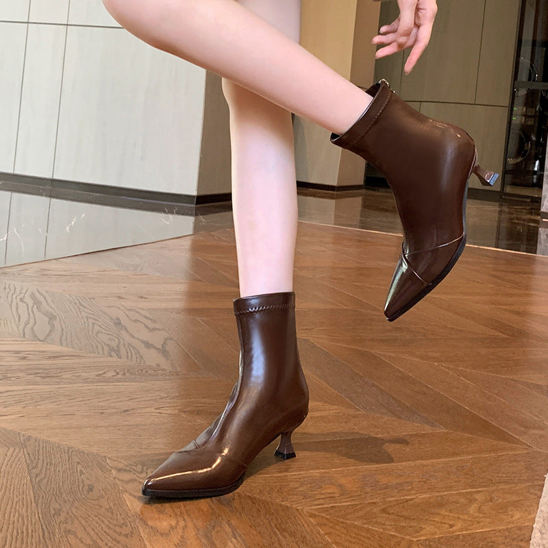 Women's Large-sized Stretch Pointed Ankle Skinny Widened Women's Leather Boots