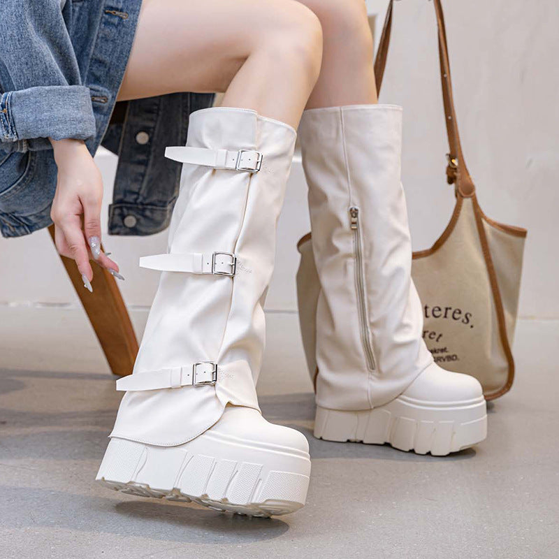 Platform High Female Design Belt Buckle Side Zipper Below The Boots