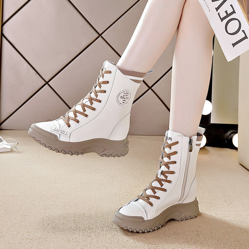 Women's Booties Fleece-lined Cotton Small Man Height Increasing Insole Women's Leather Boots