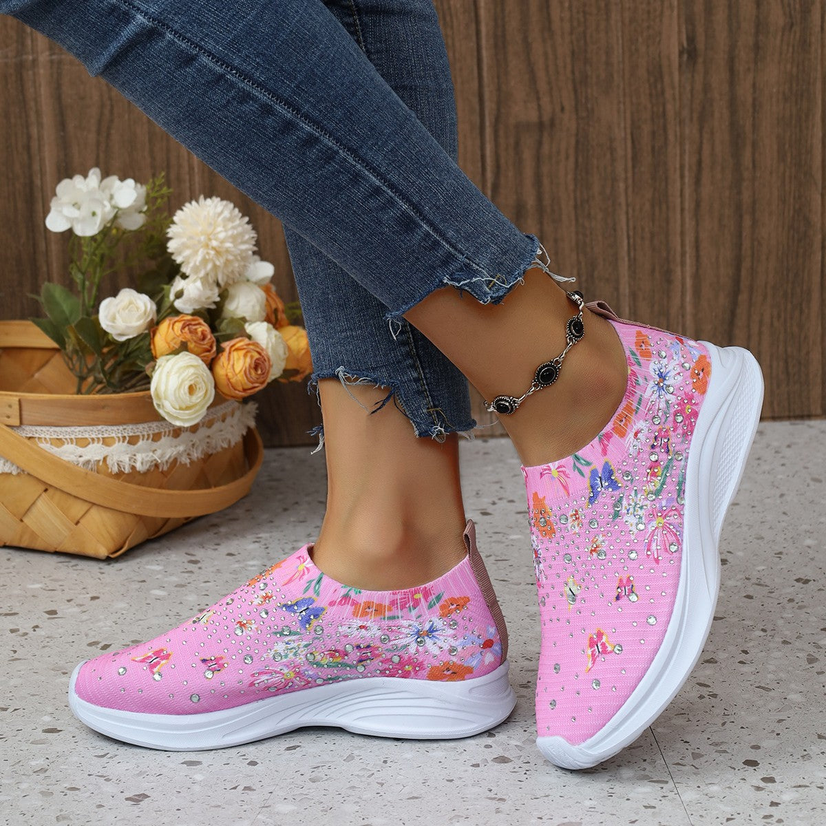 Women's & Men's Size Running Printed Flowers Rhinestone Slip-on Men's Shoes