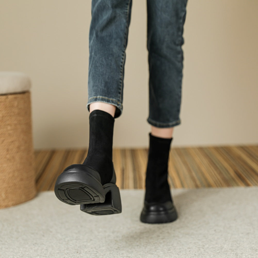 Women's Suede Short High Platform Skinny Booties Boots