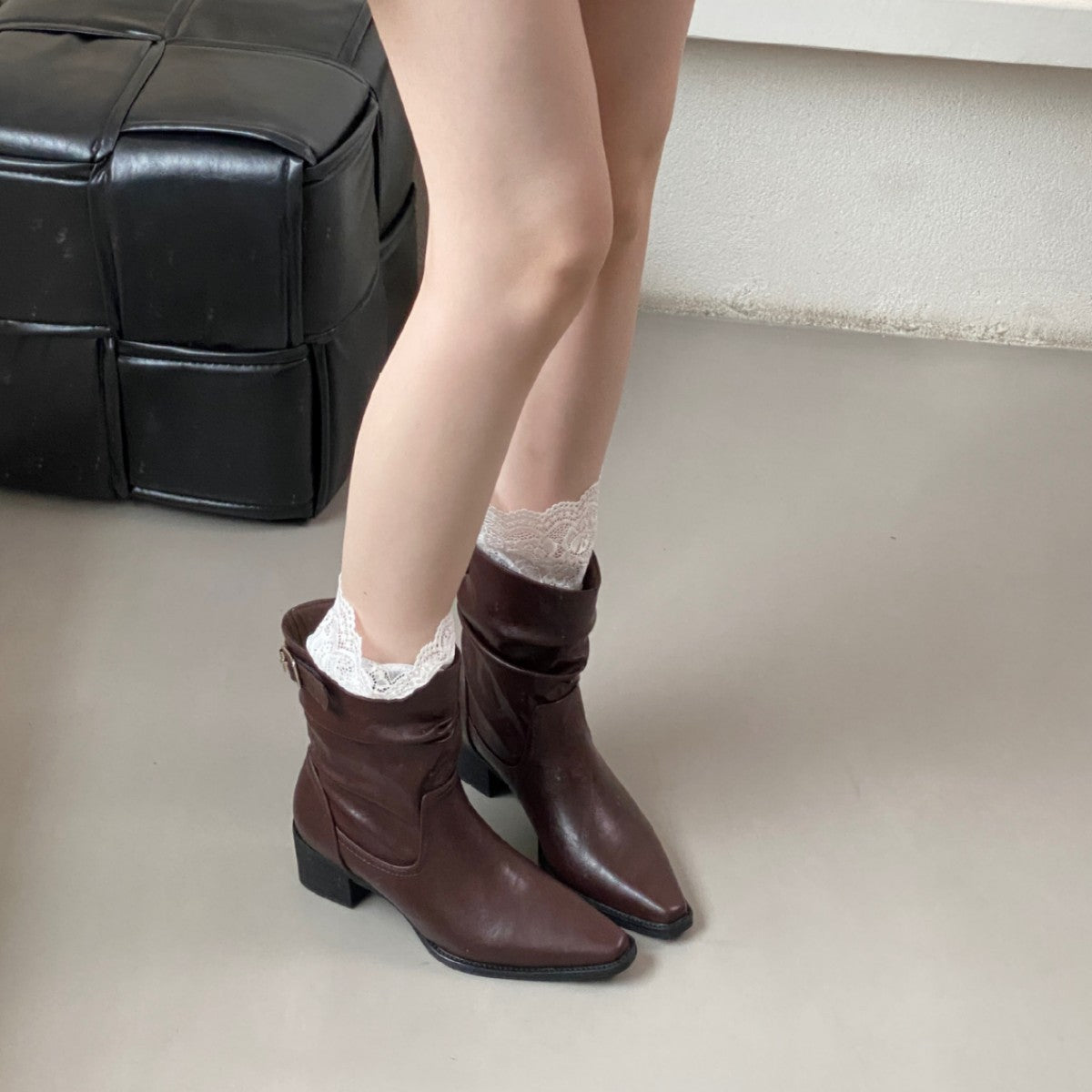 Women's High Short Slim Pile Style Chunky Women's Leather Boots
