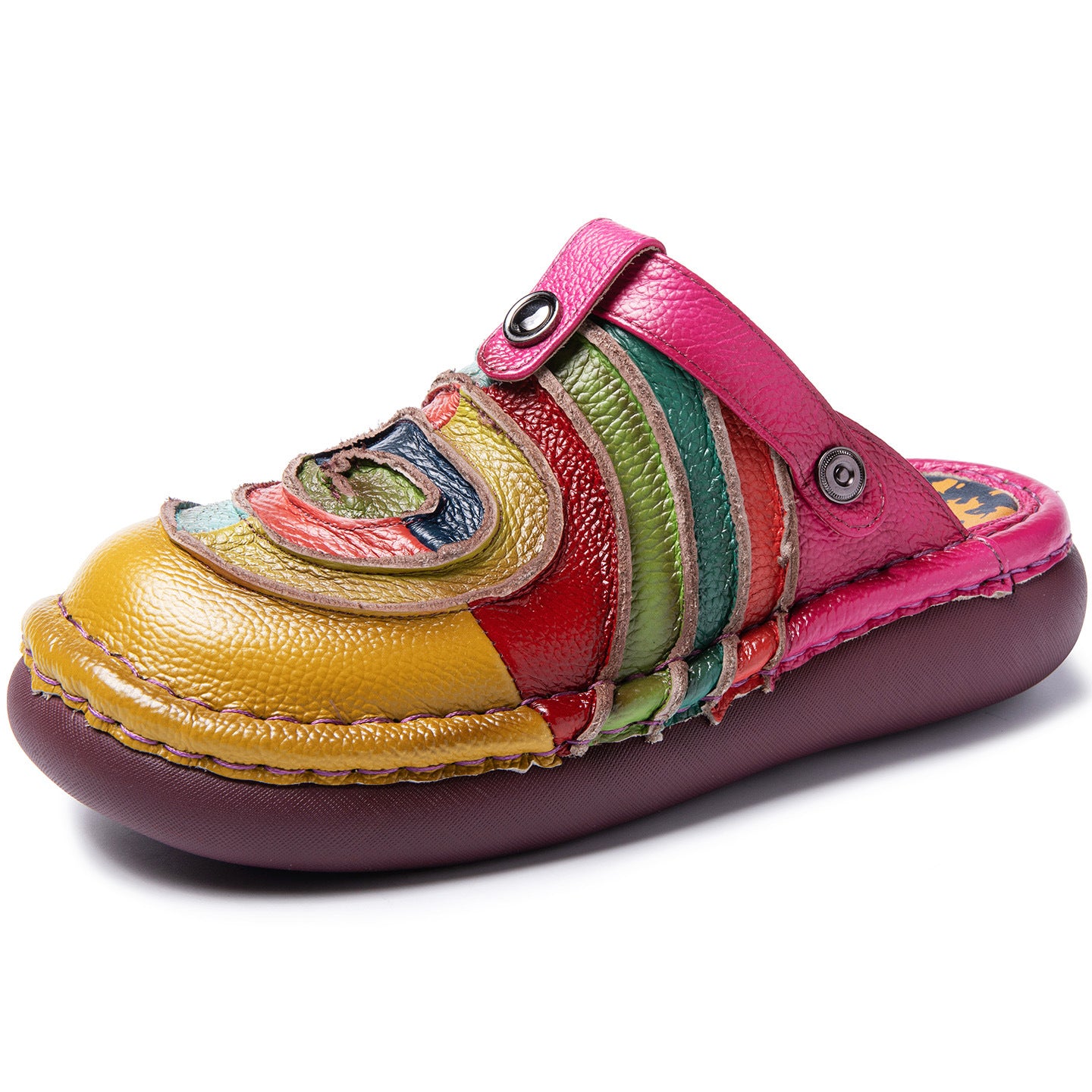 Women's Rainbow Cowhide Sewing Closed Toe Ethnic Style Flat Slippers