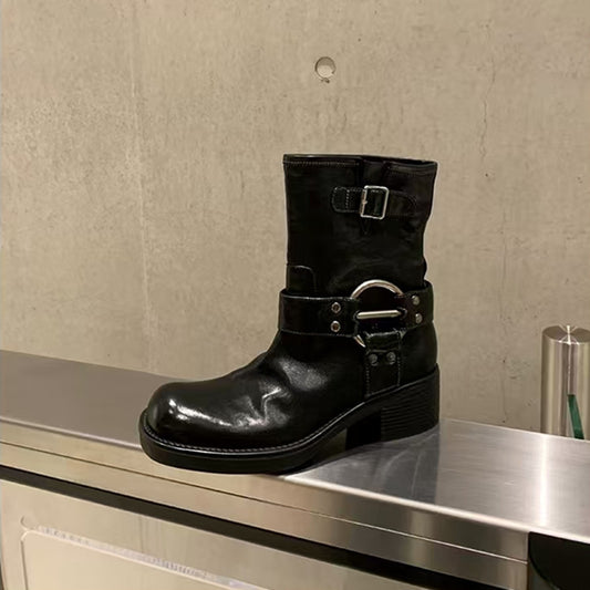 Women's Punk Sweetheart Metal Buckle Round Toe Vintage Motorcycle Chunky Western Boots