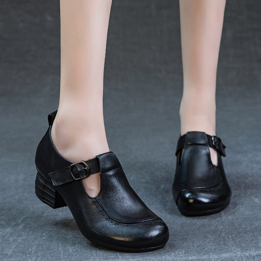 Women's Pumps Thick Soft Bottom Top Layer Washed Cowhide Heels