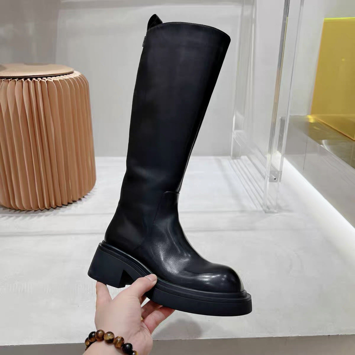 Women's Knee-high European Goods Side Zipper Round Head Calf Skin Boots