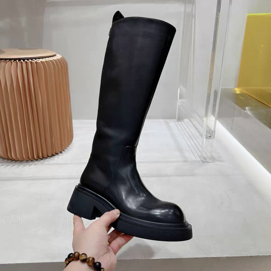 Women's Knee-high European Goods Side Zipper Round Head Calf Skin Boots