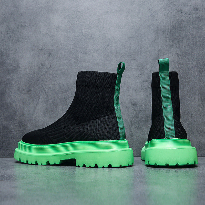 Men's Breathable Black Knitted Ankle Fluorescent Green Casual Shoes