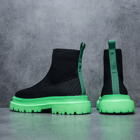 Men's Breathable Black Knitted Ankle Fluorescent Green Casual Shoes