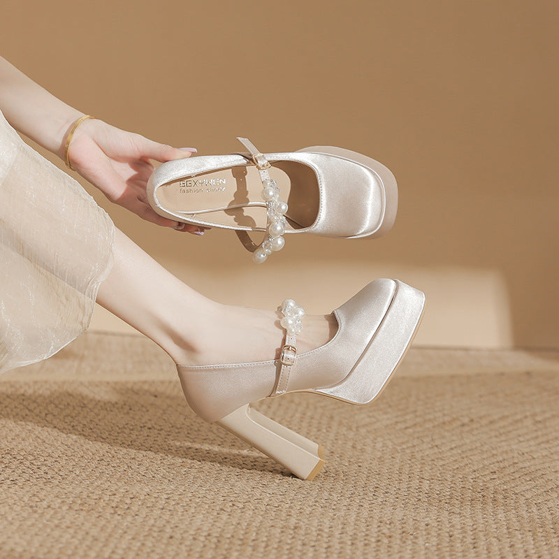 Women's Waterproof Platform High Banquet Satin French Mary Heels