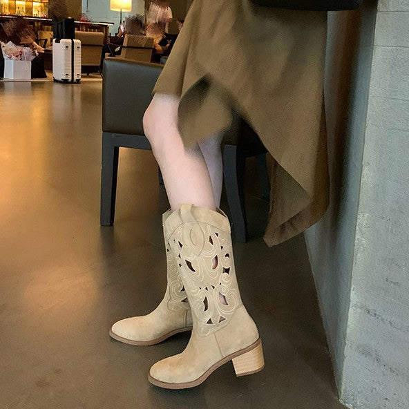 Women's Embroidered Hollow Out Western Cowboy Autumn V Cut Middle Chunky Women's Leather Boots