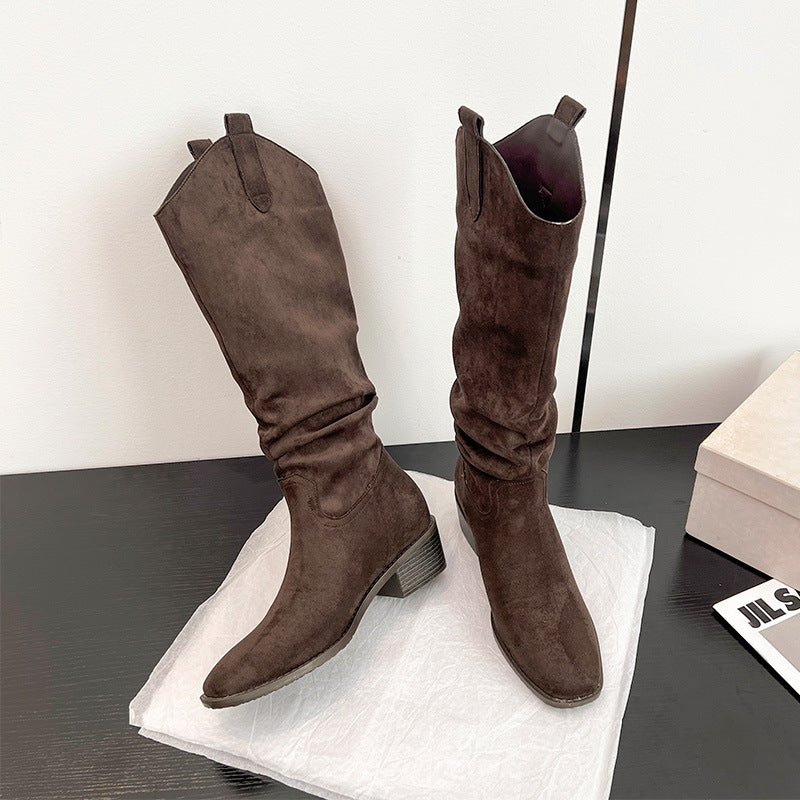 Women's Thick V Cut Martin Invisible Height Increasing Insole Pile Style Women's Leather Boots