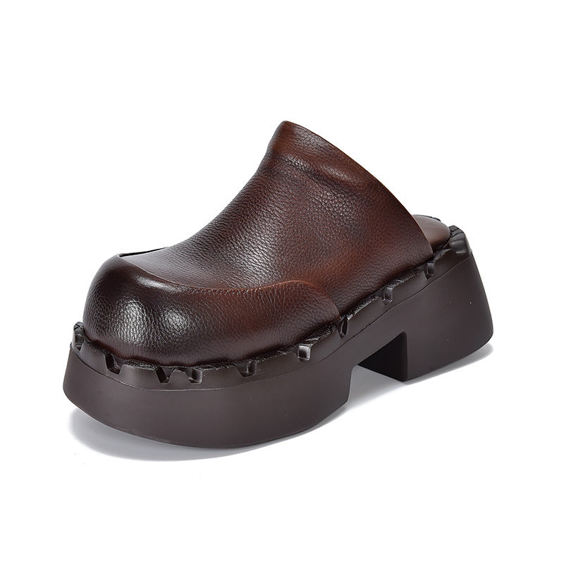 With First Layer Of Cowhide Retro Platform For Outer Thick-soles Slippers