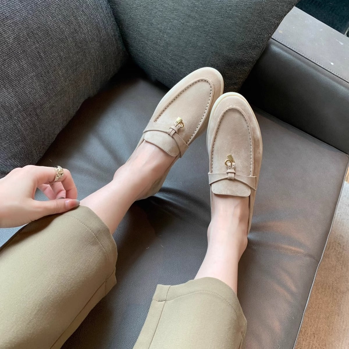 Women's Lock Flat Slip-on Lofter Soft Bottom Bean Cashmere Loafers