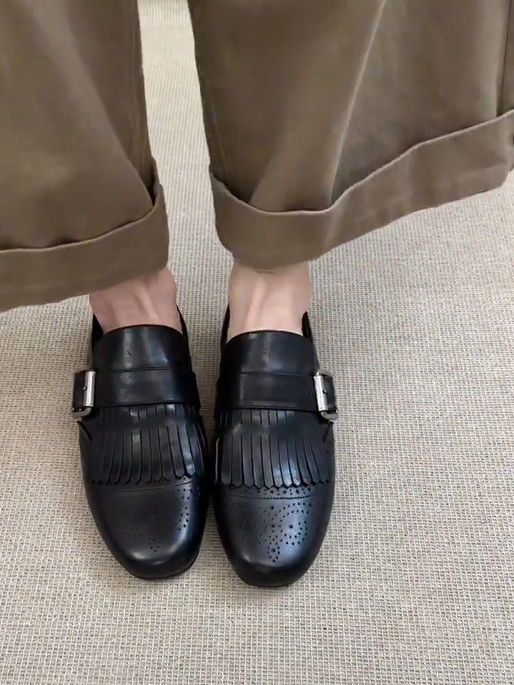 Women's Tassel Embroidery Flat Black Versatile Small Belt Loafers