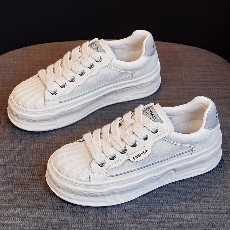 Women's White Autumn Versatile Breathable Biscuit Shape Genuine Platform Casual Shoes