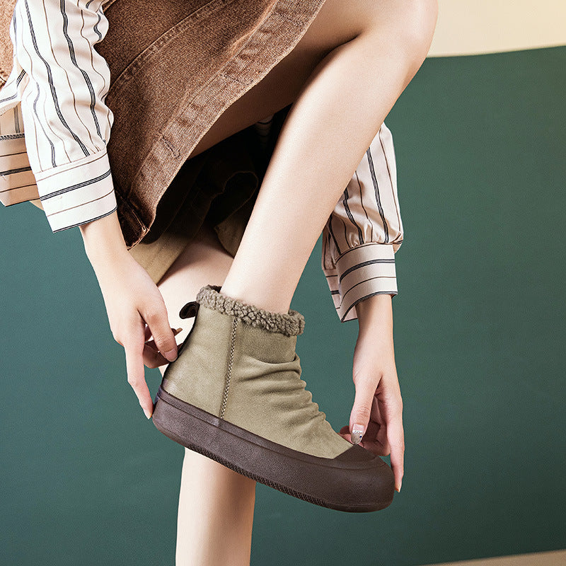 Women's Lamb Fur Winter Short Retro Fleece-lined Warm Slugged Snow Boots